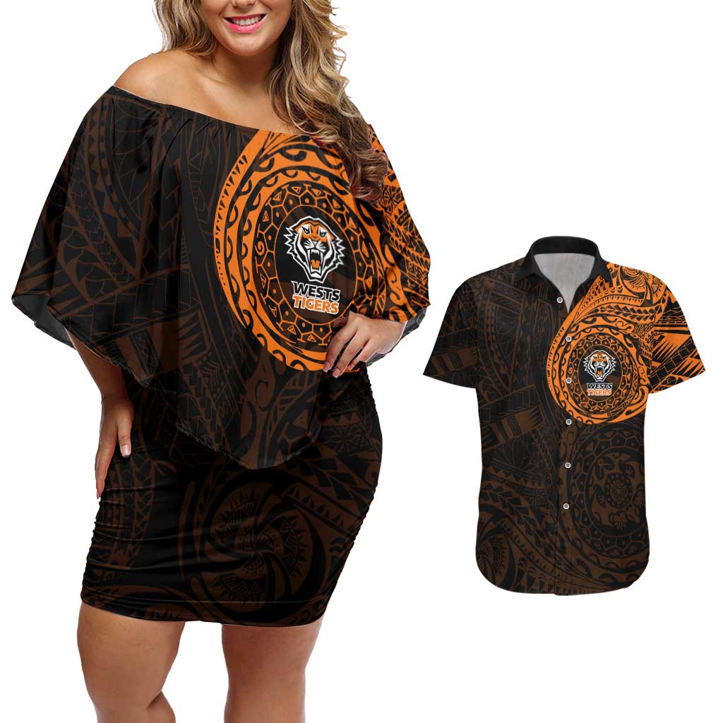 Personalized Wests Tigers Couples Matching Off Shoulder Short Dress and Hawaiian Shirt Polynesian Tribal Chest and Sleeve Tattoo