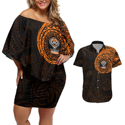 Personalized Wests Tigers Couples Matching Off Shoulder Short Dress and Hawaiian Shirt Polynesian Tribal Chest and Sleeve Tattoo