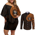 Personalized Wests Tigers Couples Matching Off Shoulder Short Dress and Long Sleeve Button Shirt Polynesian Tribal Chest and Sleeve Tattoo
