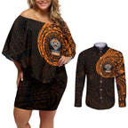 Personalized Wests Tigers Couples Matching Off Shoulder Short Dress and Long Sleeve Button Shirt Polynesian Tribal Chest and Sleeve Tattoo