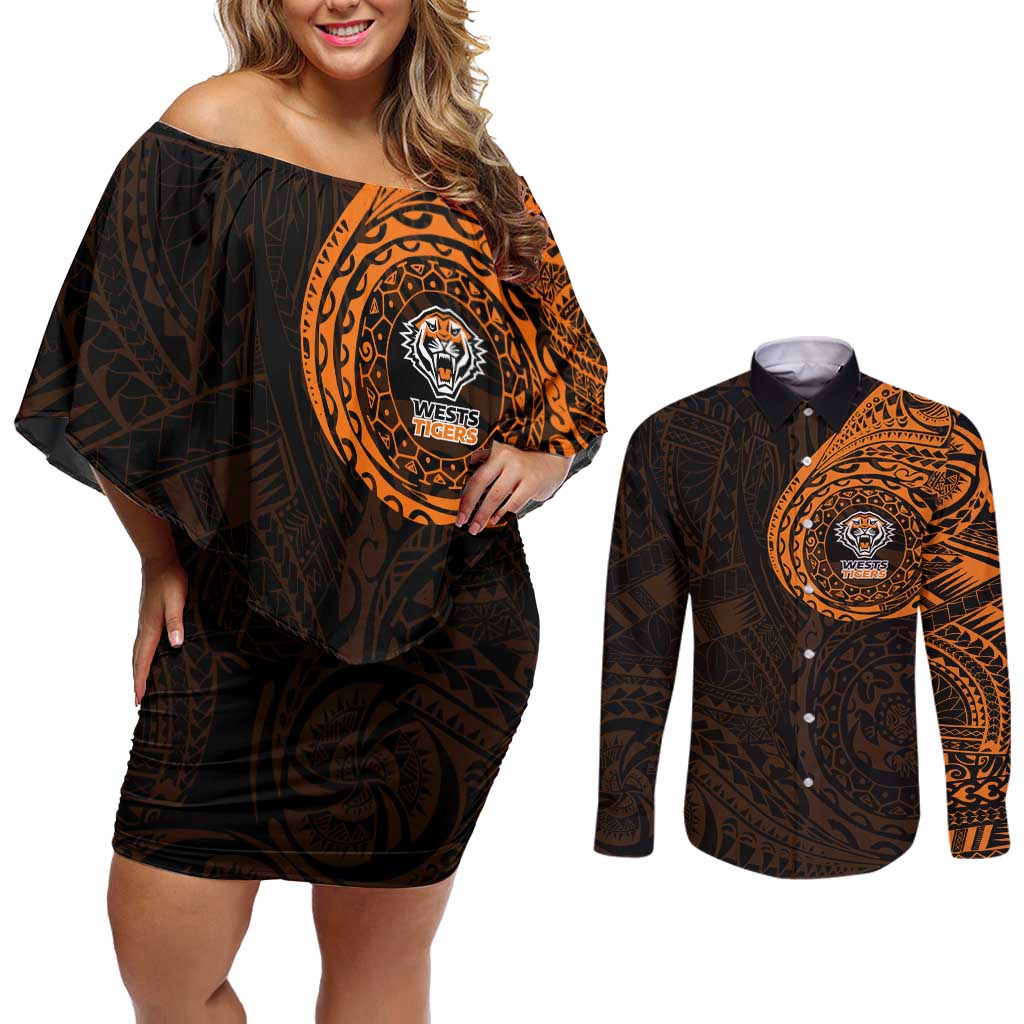 Personalized Wests Tigers Couples Matching Off Shoulder Short Dress and Long Sleeve Button Shirt Polynesian Tribal Chest and Sleeve Tattoo