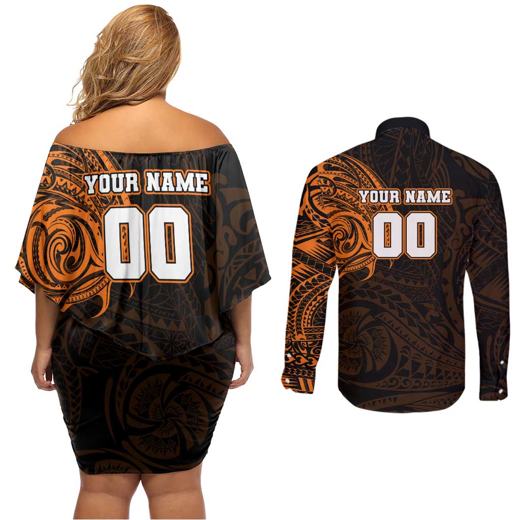 Personalized Wests Tigers Couples Matching Off Shoulder Short Dress and Long Sleeve Button Shirt Polynesian Tribal Chest and Sleeve Tattoo