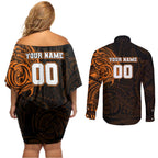 Personalized Wests Tigers Couples Matching Off Shoulder Short Dress and Long Sleeve Button Shirt Polynesian Tribal Chest and Sleeve Tattoo