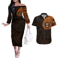 Personalized Wests Tigers Couples Matching Off The Shoulder Long Sleeve Dress and Hawaiian Shirt Polynesian Tribal Chest and Sleeve Tattoo