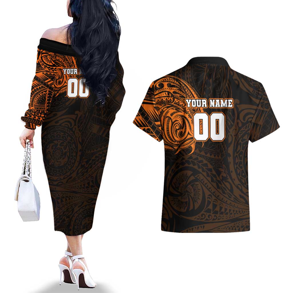 Personalized Wests Tigers Couples Matching Off The Shoulder Long Sleeve Dress and Hawaiian Shirt Polynesian Tribal Chest and Sleeve Tattoo