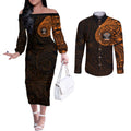 Personalized Wests Tigers Couples Matching Off The Shoulder Long Sleeve Dress and Long Sleeve Button Shirt Polynesian Tribal Chest and Sleeve Tattoo