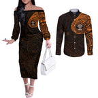 Personalized Wests Tigers Couples Matching Off The Shoulder Long Sleeve Dress and Long Sleeve Button Shirt Polynesian Tribal Chest and Sleeve Tattoo