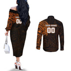 Personalized Wests Tigers Couples Matching Off The Shoulder Long Sleeve Dress and Long Sleeve Button Shirt Polynesian Tribal Chest and Sleeve Tattoo