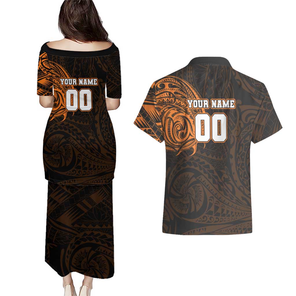 Personalized Wests Tigers Couples Matching Puletasi and Hawaiian Shirt Polynesian Tribal Chest and Sleeve Tattoo