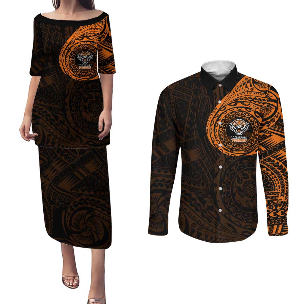 Personalized Wests Tigers Couples Matching Puletasi and Long Sleeve Button Shirt Polynesian Tribal Chest and Sleeve Tattoo