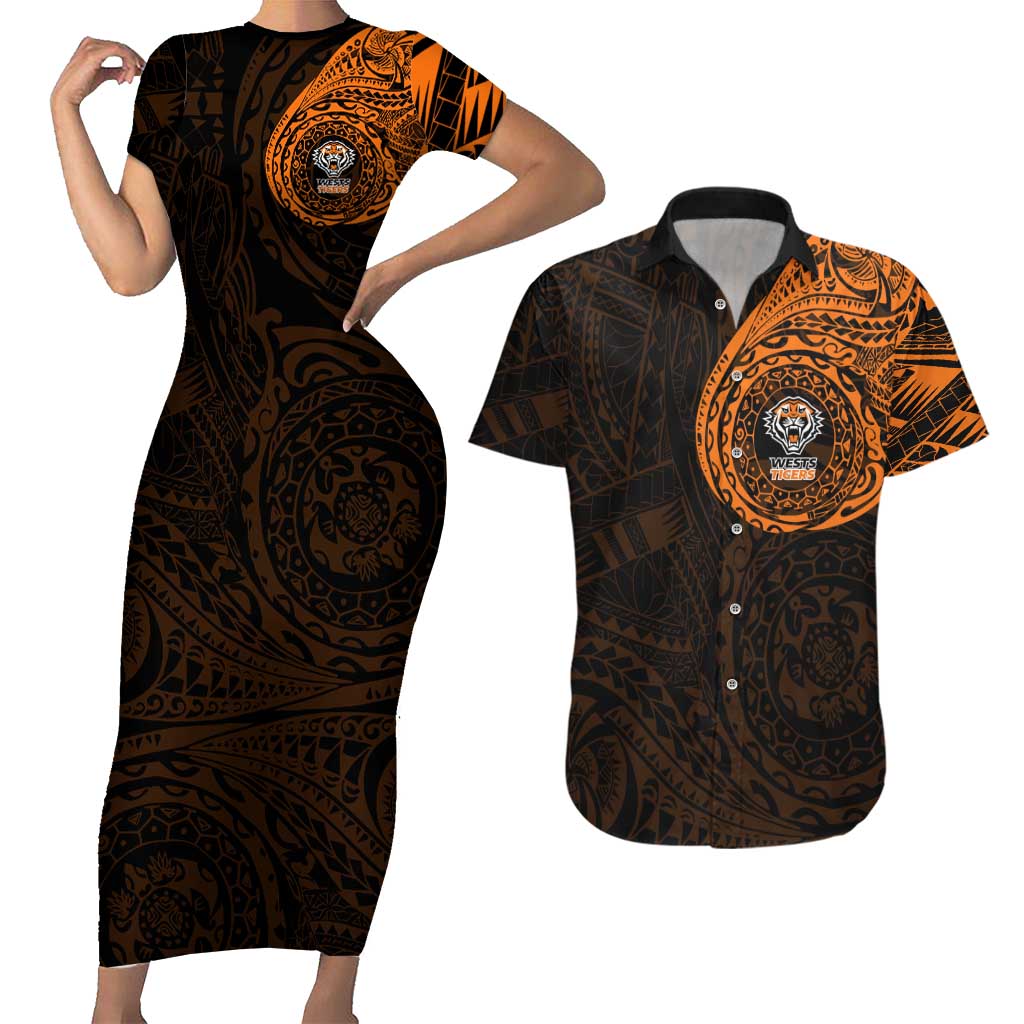Personalized Wests Tigers Couples Matching Short Sleeve Bodycon Dress and Hawaiian Shirt Polynesian Tribal Chest and Sleeve Tattoo