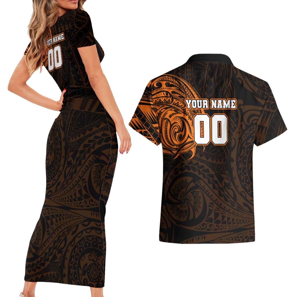 Personalized Wests Tigers Couples Matching Short Sleeve Bodycon Dress and Hawaiian Shirt Polynesian Tribal Chest and Sleeve Tattoo