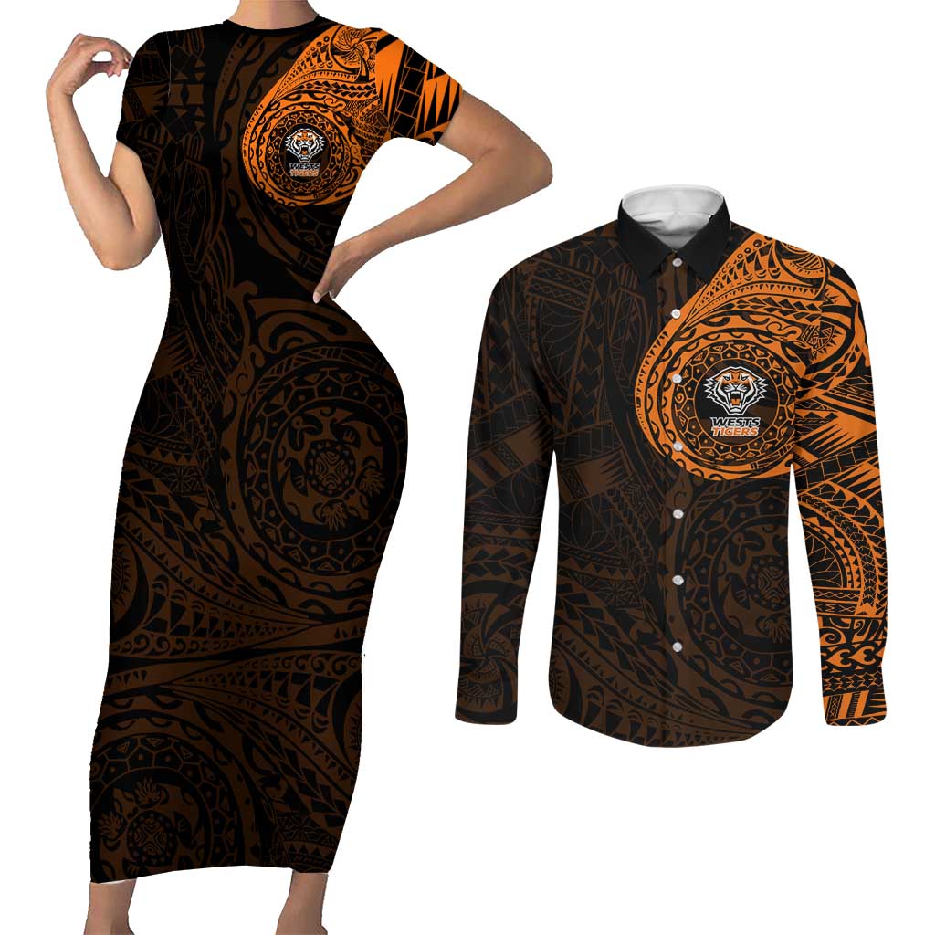 Personalized Wests Tigers Couples Matching Short Sleeve Bodycon Dress and Long Sleeve Button Shirt Polynesian Tribal Chest and Sleeve Tattoo