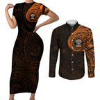 Personalized Wests Tigers Couples Matching Short Sleeve Bodycon Dress and Long Sleeve Button Shirt Polynesian Tribal Chest and Sleeve Tattoo