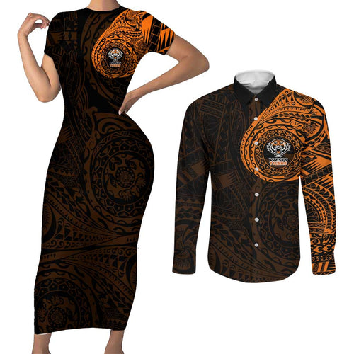 Personalized Wests Tigers Couples Matching Short Sleeve Bodycon Dress and Long Sleeve Button Shirt Polynesian Tribal Chest and Sleeve Tattoo