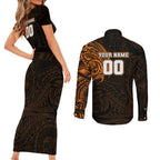 Personalized Wests Tigers Couples Matching Short Sleeve Bodycon Dress and Long Sleeve Button Shirt Polynesian Tribal Chest and Sleeve Tattoo