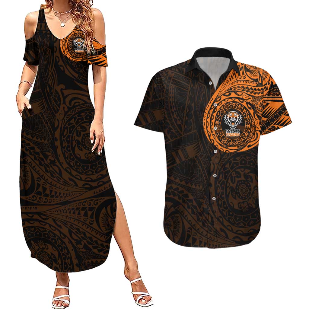 Personalized Wests Tigers Couples Matching Summer Maxi Dress and Hawaiian Shirt Polynesian Tribal Chest and Sleeve Tattoo