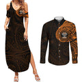 Personalized Wests Tigers Couples Matching Summer Maxi Dress and Long Sleeve Button Shirt Polynesian Tribal Chest and Sleeve Tattoo
