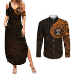 Personalized Wests Tigers Couples Matching Summer Maxi Dress and Long Sleeve Button Shirt Polynesian Tribal Chest and Sleeve Tattoo