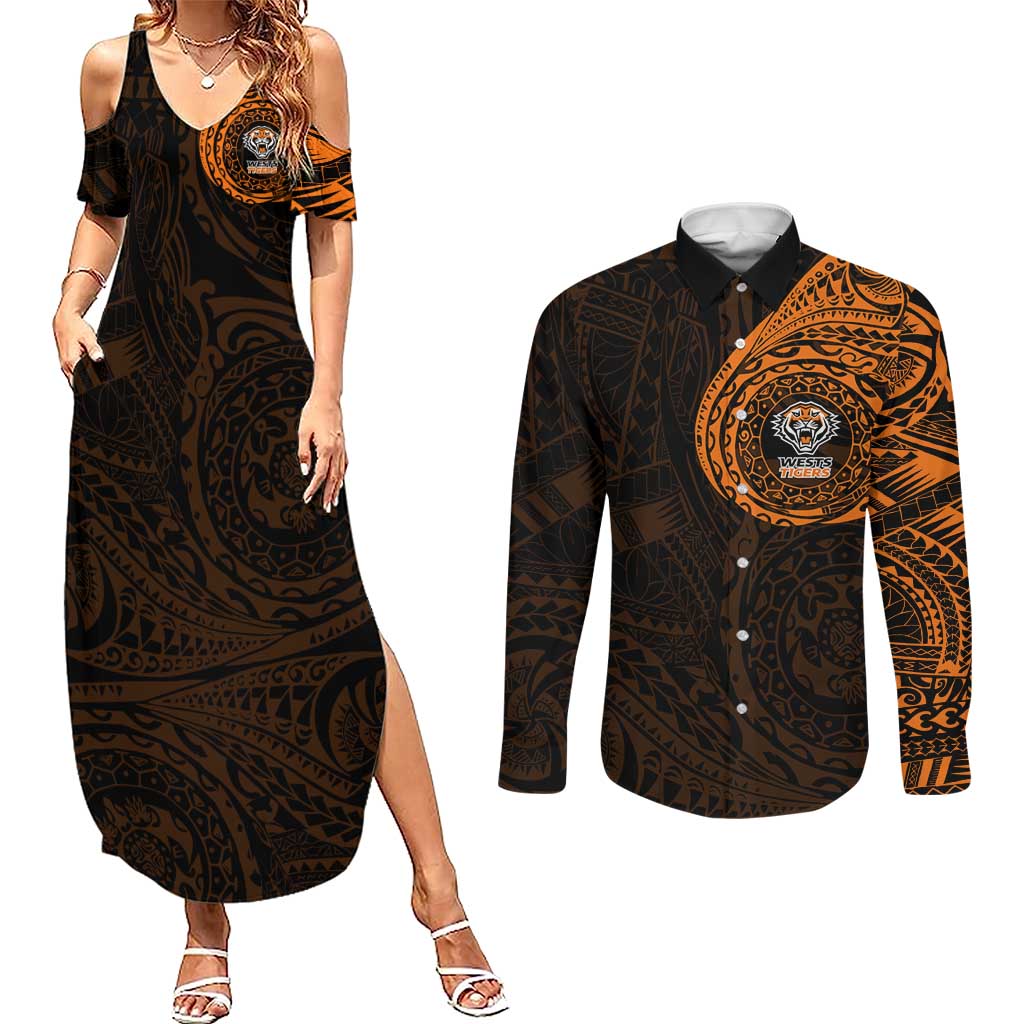 Personalized Wests Tigers Couples Matching Summer Maxi Dress and Long Sleeve Button Shirt Polynesian Tribal Chest and Sleeve Tattoo