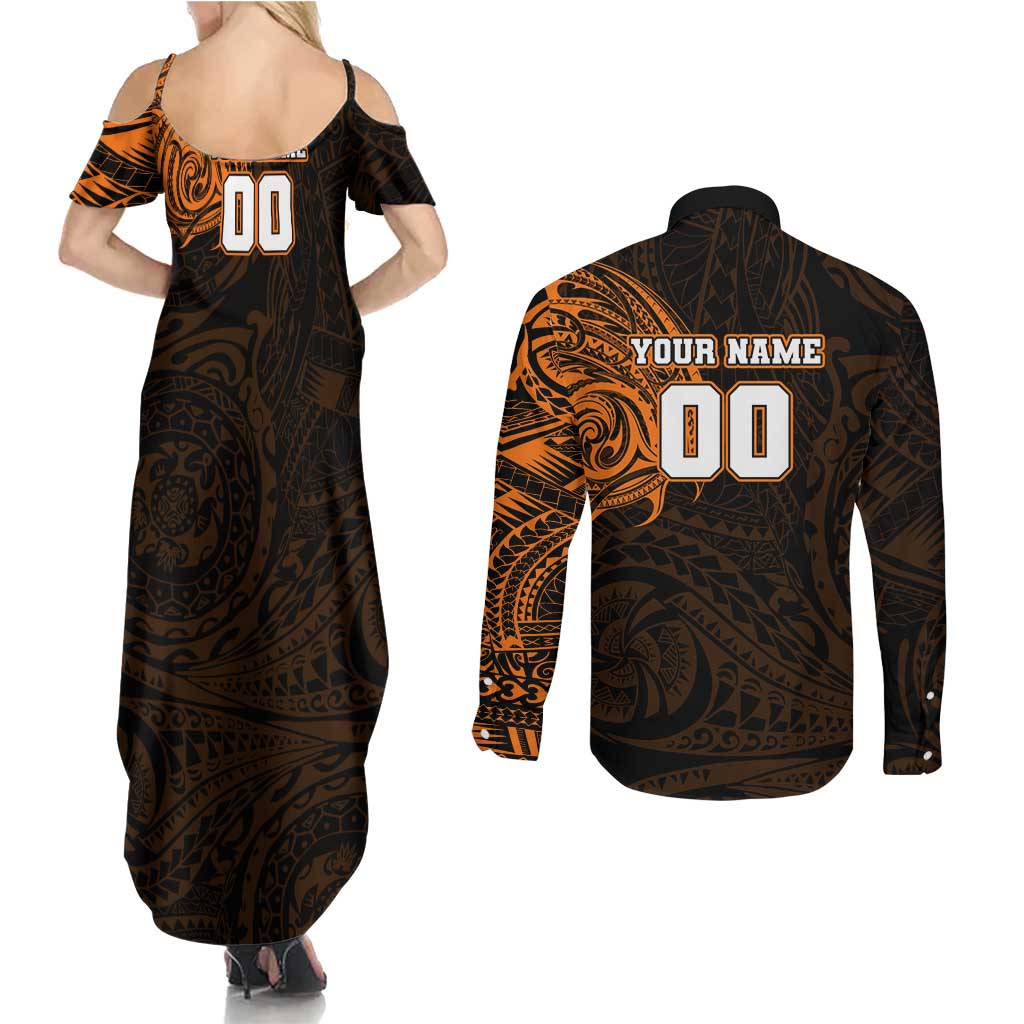 Personalized Wests Tigers Couples Matching Summer Maxi Dress and Long Sleeve Button Shirt Polynesian Tribal Chest and Sleeve Tattoo