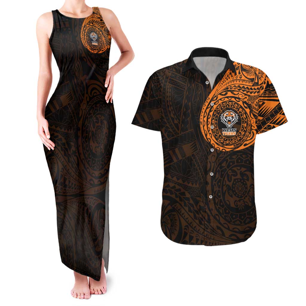 Personalized Wests Tigers Couples Matching Tank Maxi Dress and Hawaiian Shirt Polynesian Tribal Chest and Sleeve Tattoo