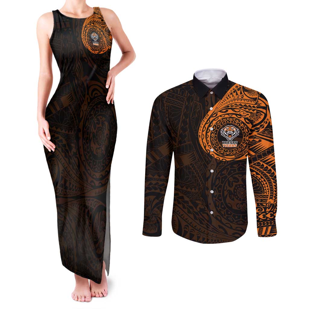 Personalized Wests Tigers Couples Matching Tank Maxi Dress and Long Sleeve Button Shirt Polynesian Tribal Chest and Sleeve Tattoo