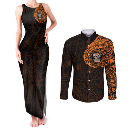 Personalized Wests Tigers Couples Matching Tank Maxi Dress and Long Sleeve Button Shirt Polynesian Tribal Chest and Sleeve Tattoo
