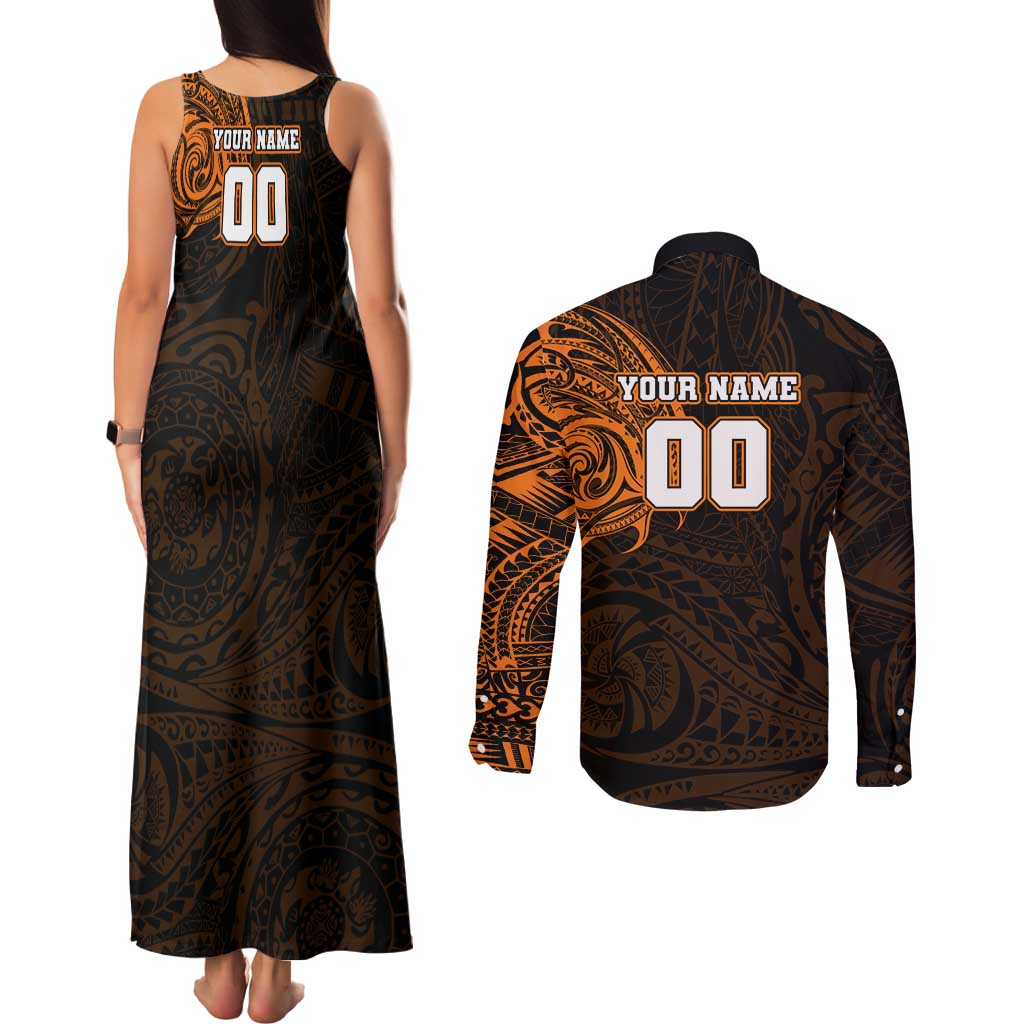 Personalized Wests Tigers Couples Matching Tank Maxi Dress and Long Sleeve Button Shirt Polynesian Tribal Chest and Sleeve Tattoo