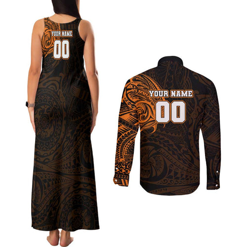 Personalized Wests Tigers Couples Matching Tank Maxi Dress and Long Sleeve Button Shirt Polynesian Tribal Chest and Sleeve Tattoo