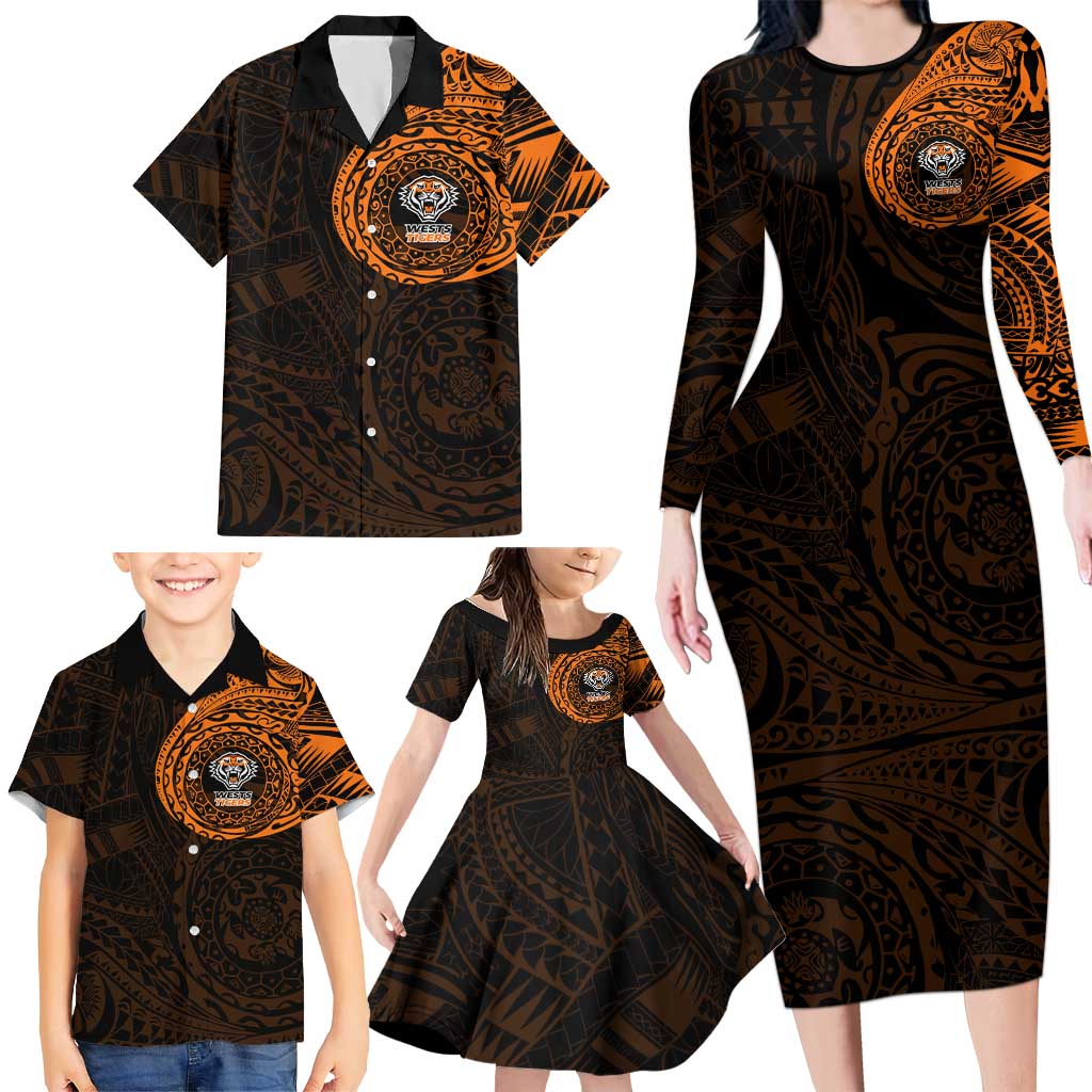 Personalized Wests Tigers Family Matching Long Sleeve Bodycon Dress and Hawaiian Shirt Polynesian Tribal Chest and Sleeve Tattoo