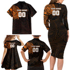 Personalized Wests Tigers Family Matching Long Sleeve Bodycon Dress and Hawaiian Shirt Polynesian Tribal Chest and Sleeve Tattoo