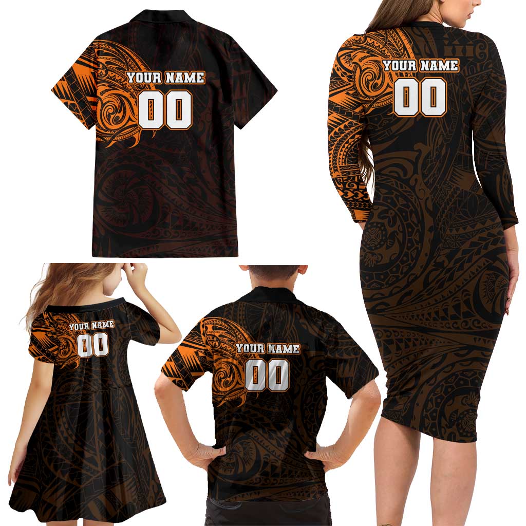 Personalized Wests Tigers Family Matching Long Sleeve Bodycon Dress and Hawaiian Shirt Polynesian Tribal Chest and Sleeve Tattoo