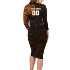 Personalized Wests Tigers Family Matching Long Sleeve Bodycon Dress and Hawaiian Shirt Polynesian Tribal Chest and Sleeve Tattoo