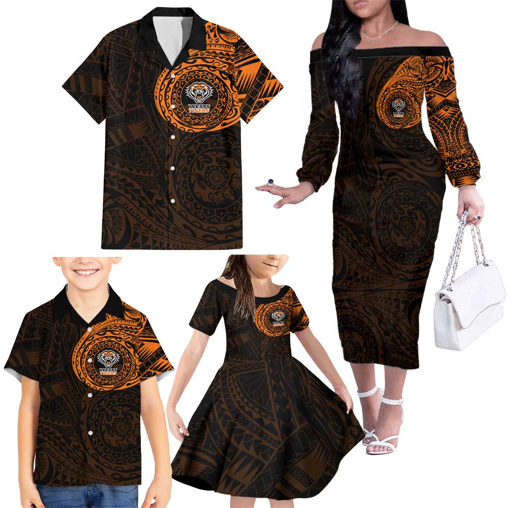 Personalized Wests Tigers Family Matching Off The Shoulder Long Sleeve Dress and Hawaiian Shirt Polynesian Tribal Chest and Sleeve Tattoo