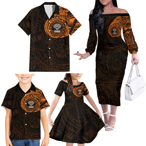 Personalized Wests Tigers Family Matching Off The Shoulder Long Sleeve Dress and Hawaiian Shirt Polynesian Tribal Chest and Sleeve Tattoo