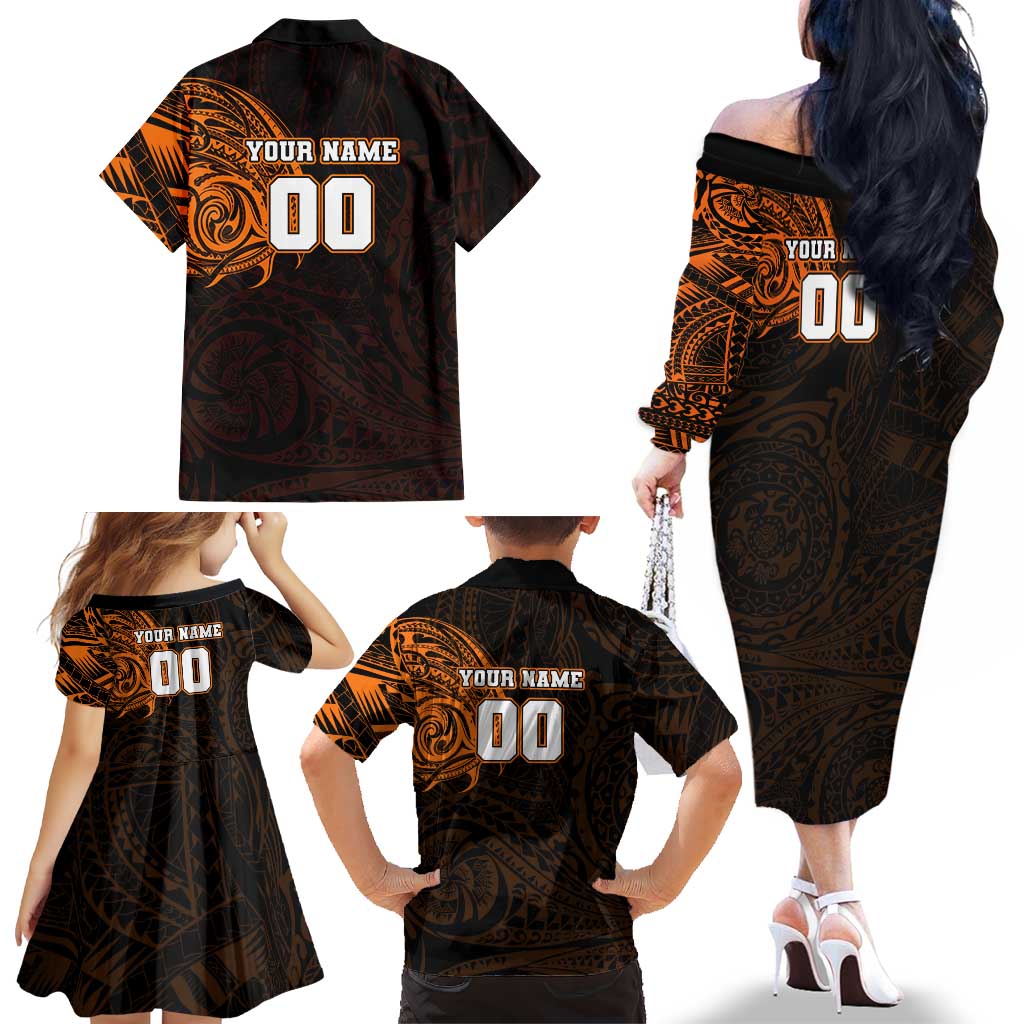 Personalized Wests Tigers Family Matching Off The Shoulder Long Sleeve Dress and Hawaiian Shirt Polynesian Tribal Chest and Sleeve Tattoo