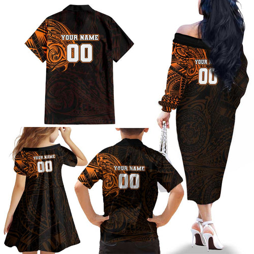 Personalized Wests Tigers Family Matching Off The Shoulder Long Sleeve Dress and Hawaiian Shirt Polynesian Tribal Chest and Sleeve Tattoo