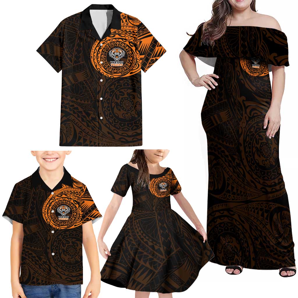 Personalized Wests Tigers Family Matching Off Shoulder Maxi Dress and Hawaiian Shirt Polynesian Tribal Chest and Sleeve Tattoo