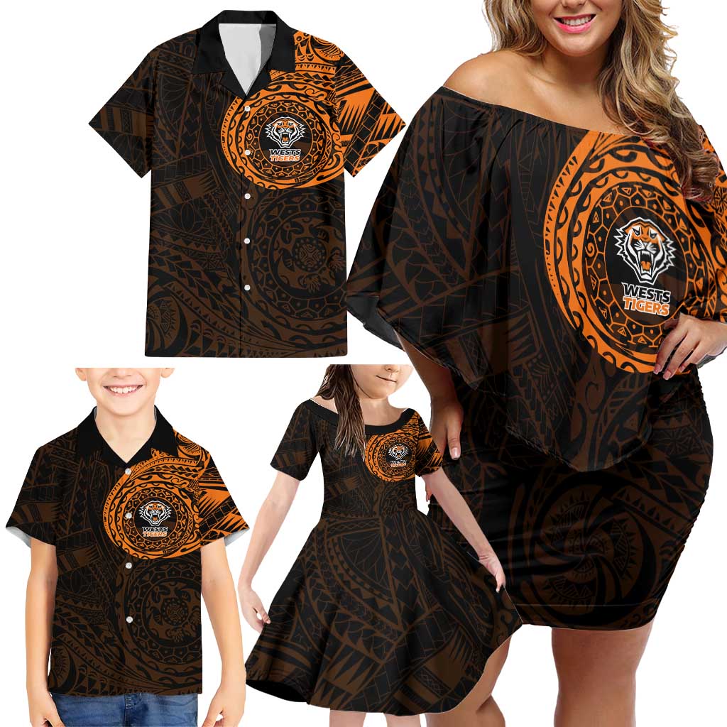 Personalized Wests Tigers Family Matching Off Shoulder Short Dress and Hawaiian Shirt Polynesian Tribal Chest and Sleeve Tattoo