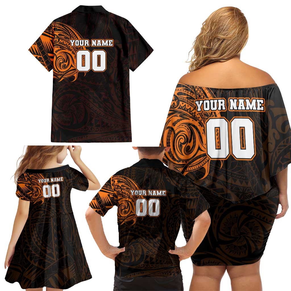 Personalized Wests Tigers Family Matching Off Shoulder Short Dress and Hawaiian Shirt Polynesian Tribal Chest and Sleeve Tattoo