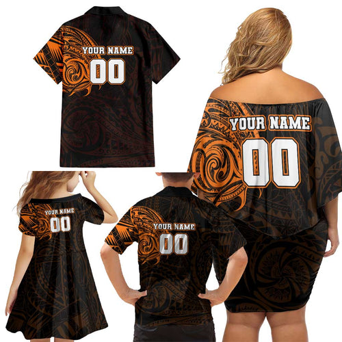 Personalized Wests Tigers Family Matching Off Shoulder Short Dress and Hawaiian Shirt Polynesian Tribal Chest and Sleeve Tattoo