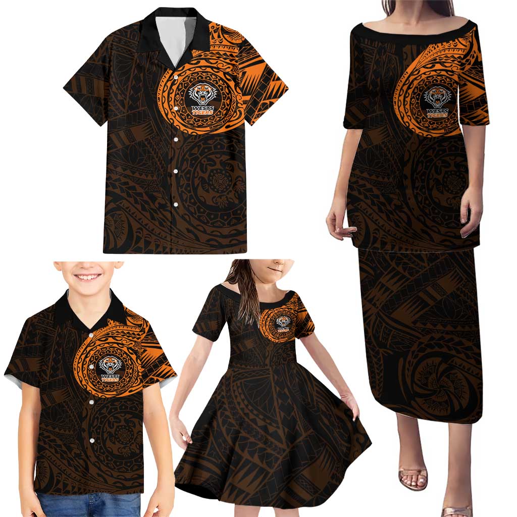 Personalized Wests Tigers Family Matching Puletasi and Hawaiian Shirt Polynesian Tribal Chest and Sleeve Tattoo