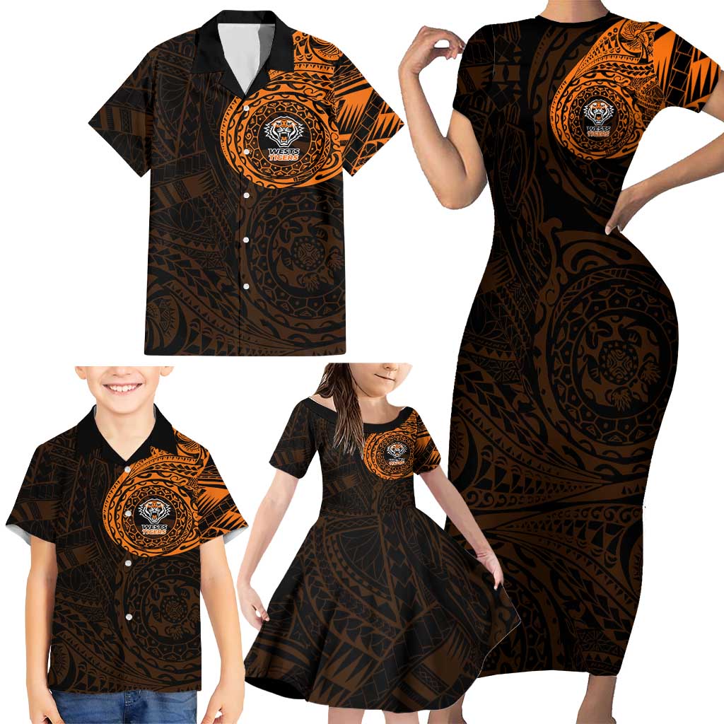 Personalized Wests Tigers Family Matching Short Sleeve Bodycon Dress and Hawaiian Shirt Polynesian Tribal Chest and Sleeve Tattoo