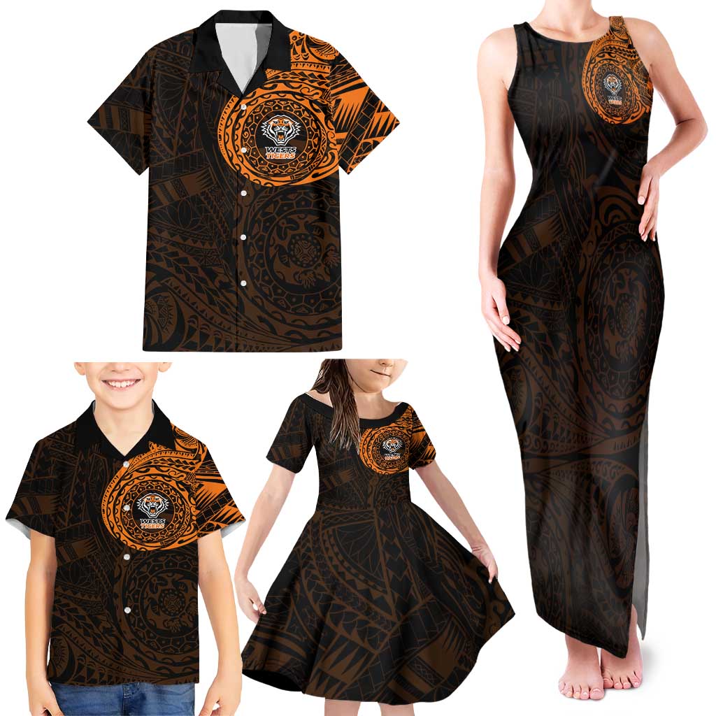 Personalized Wests Tigers Family Matching Tank Maxi Dress and Hawaiian Shirt Polynesian Tribal Chest and Sleeve Tattoo