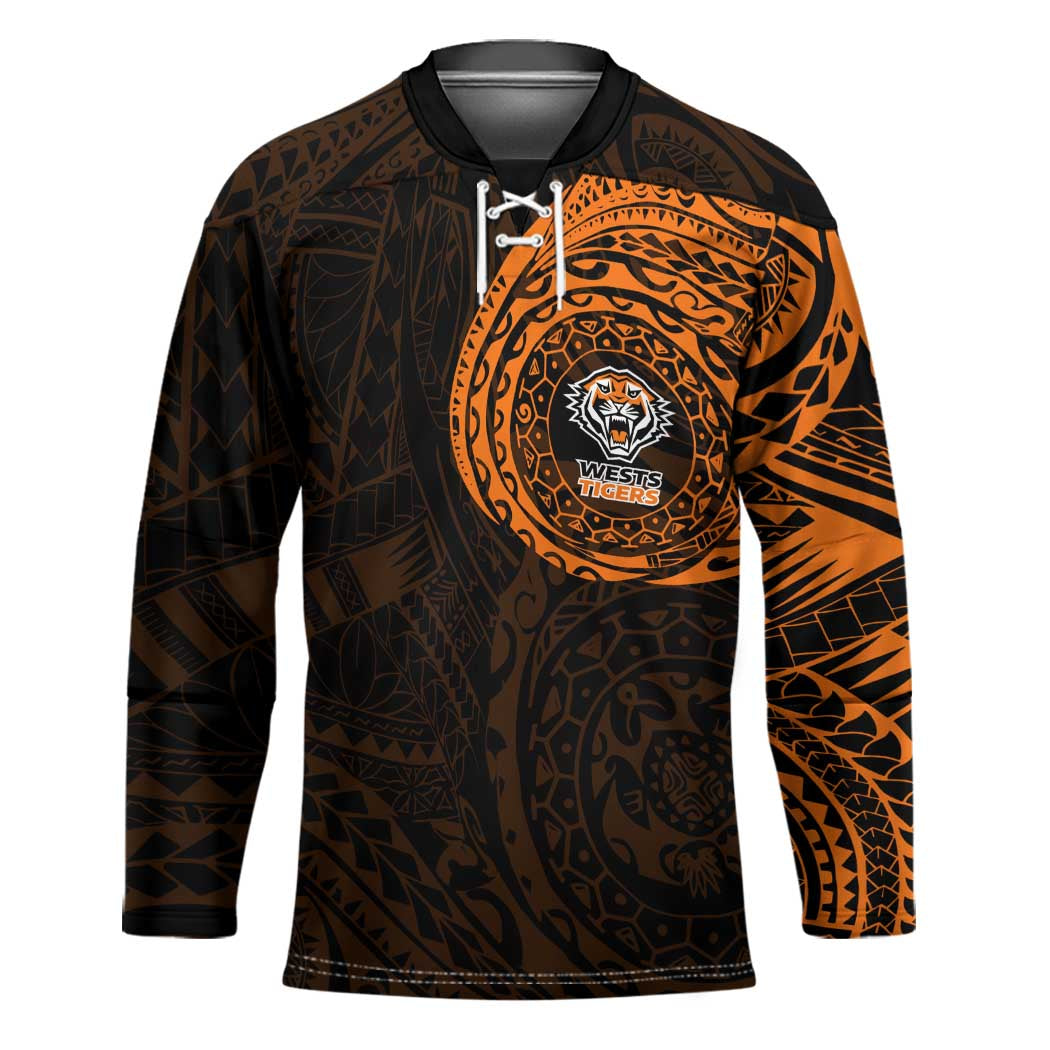 Personalized Wests Tigers Hockey Jersey Polynesian Tribal Chest and Sleeve Tattoo