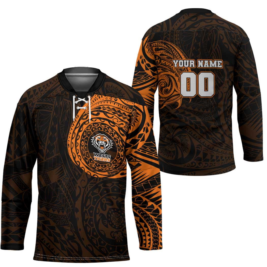 Personalized Wests Tigers Hockey Jersey Polynesian Tribal Chest and Sleeve Tattoo