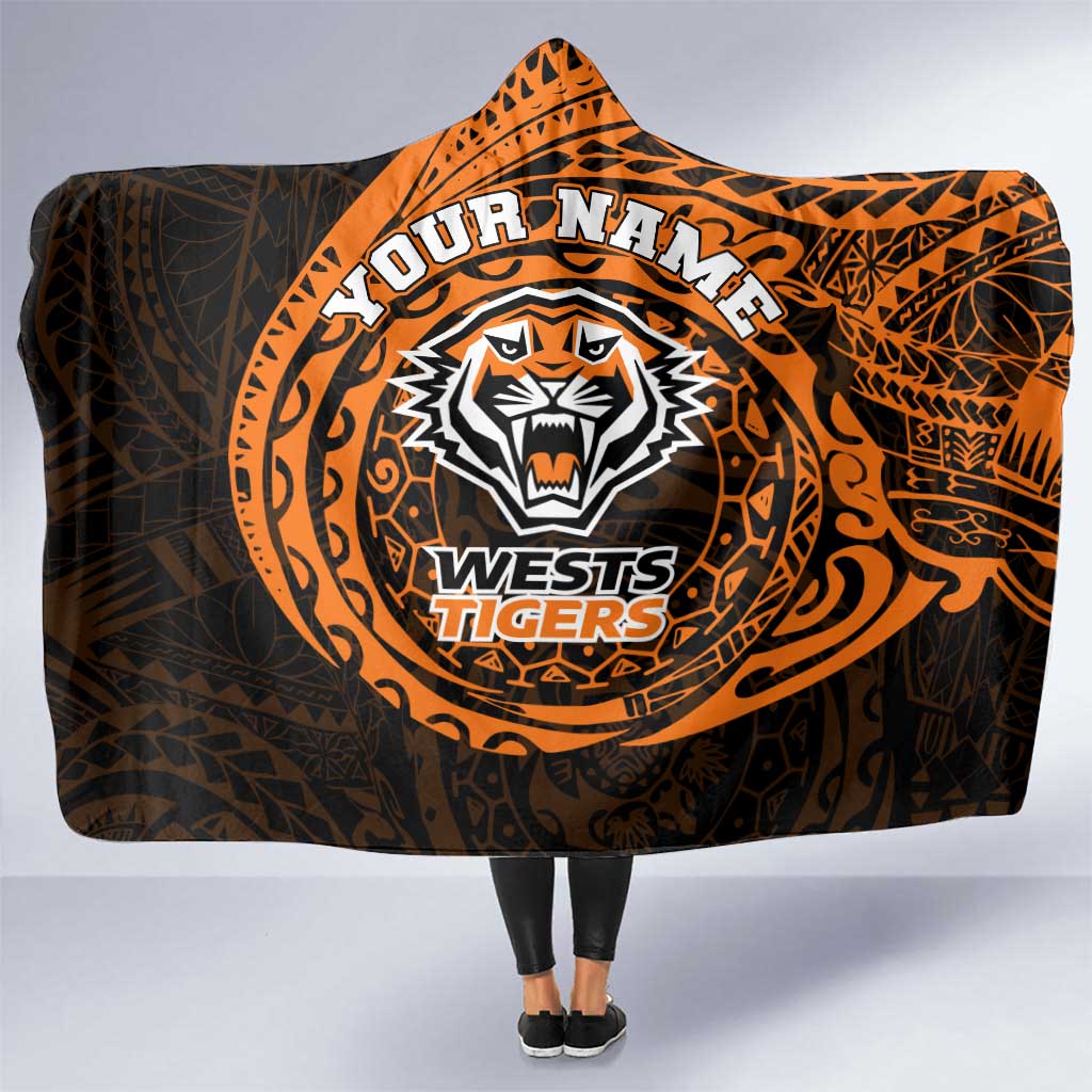 Personalized Wests Tigers Hooded Blanket Polynesian Tribal Chest and Sleeve Tattoo