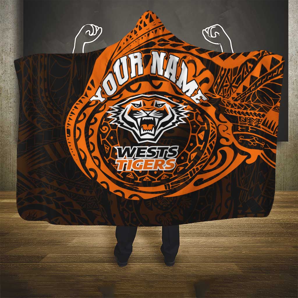 Personalized Wests Tigers Hooded Blanket Polynesian Tribal Chest and Sleeve Tattoo