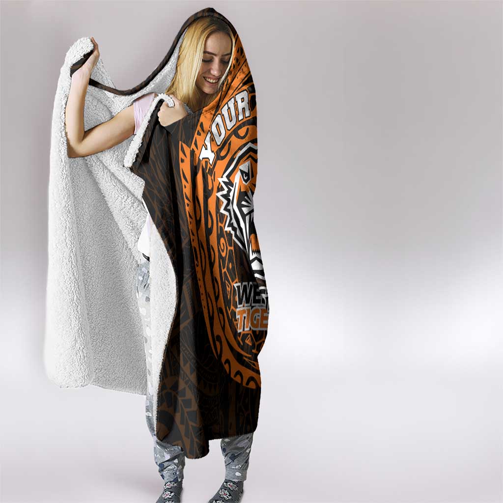 Personalized Wests Tigers Hooded Blanket Polynesian Tribal Chest and Sleeve Tattoo